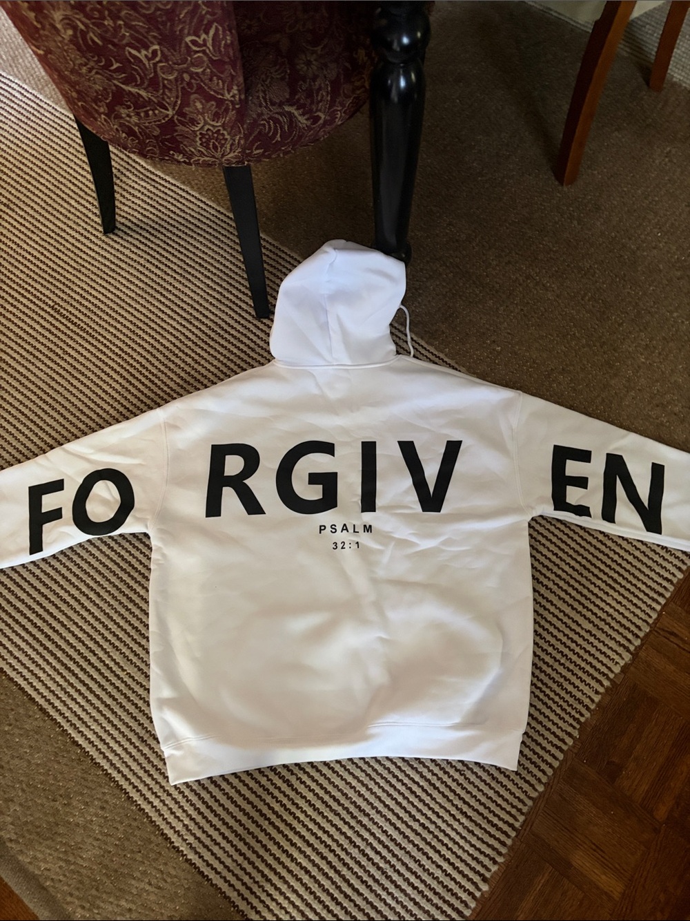 White "FORGIVEN" Graphic Hoodie with Psalm 32:1 Print